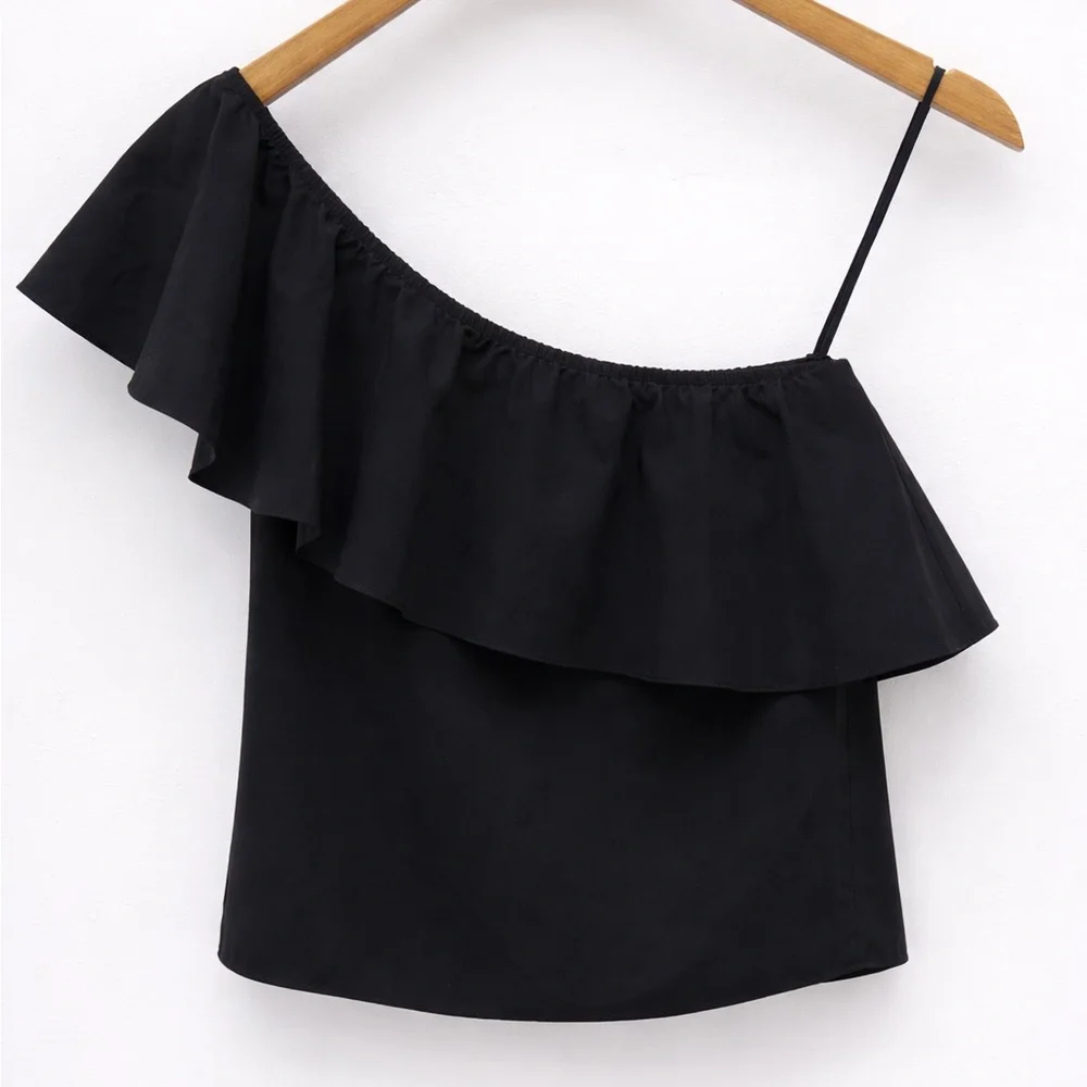 Alice + Olivia Black One Shoulder Ruffle Top | Chic Asymmetrical Blouse - Picture 5 of 7